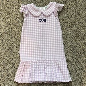 TCU Purple Gingham Dress with Ruffle Sleeves